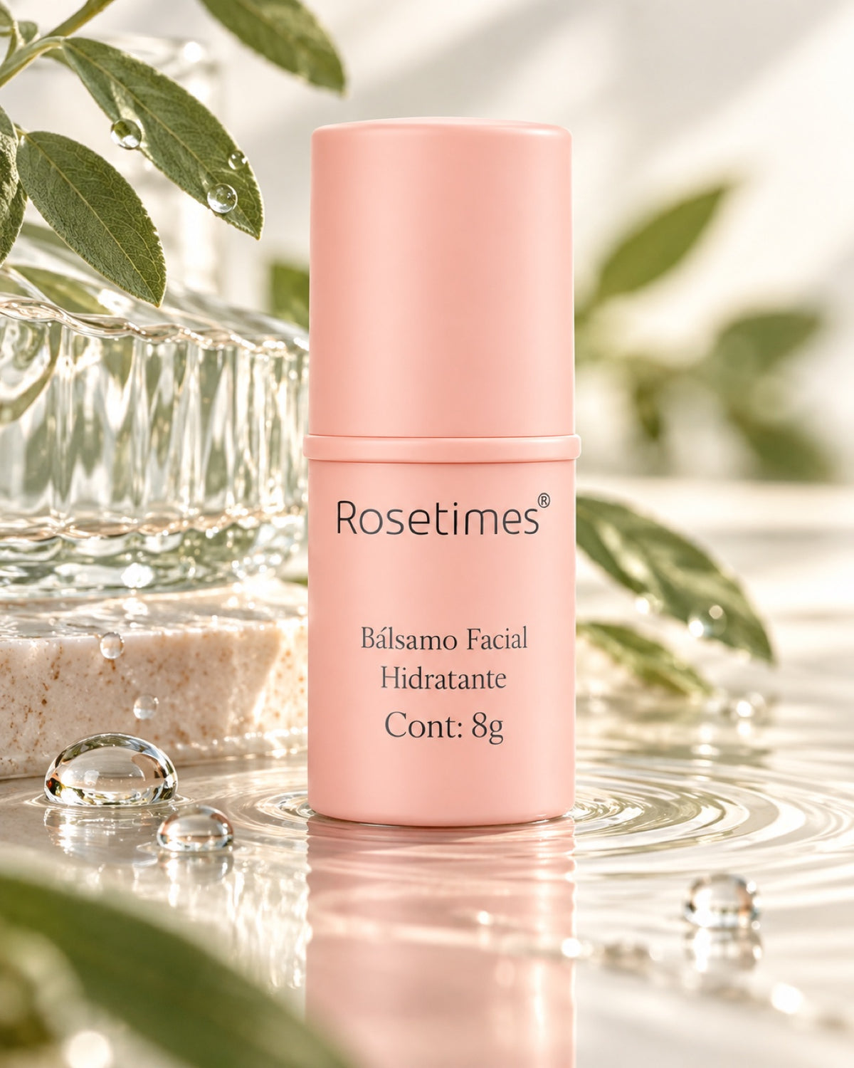 Bálsamo facial en stick Rosetimes de 8 g, color durazno, sobre una superficie con agua y hojas verdes