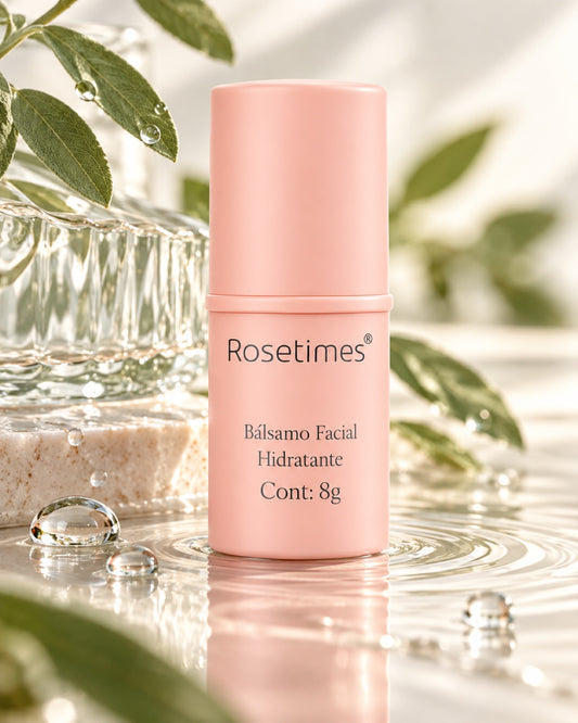 Bálsamo facial en stick Rosetimes de 8 g, color durazno, sobre una superficie con agua y hojas verdes